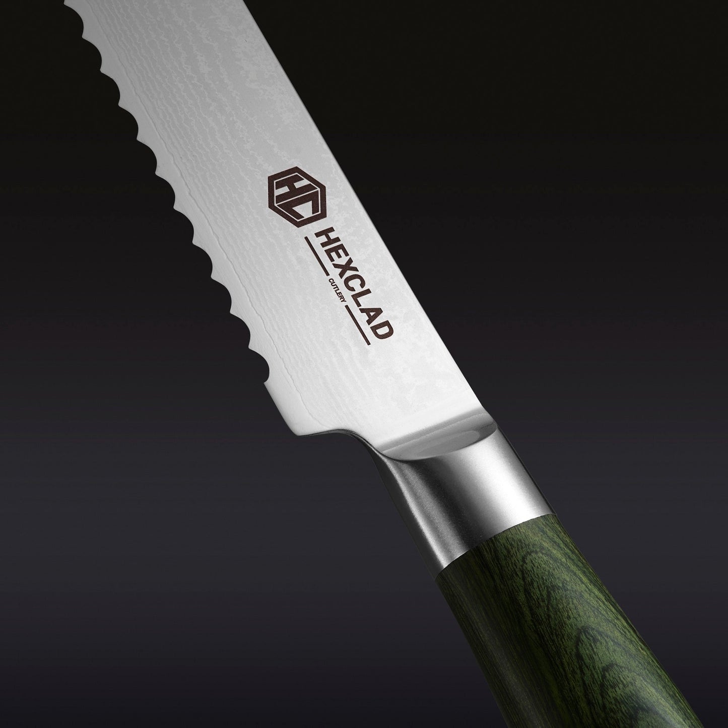 Damascus Steel Serrated Bread Knife, 8" (Green)