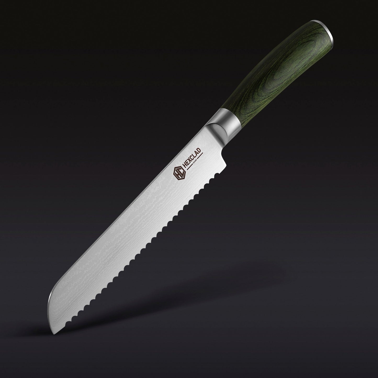 Damascus Steel Serrated Bread Knife, 8" (Green)